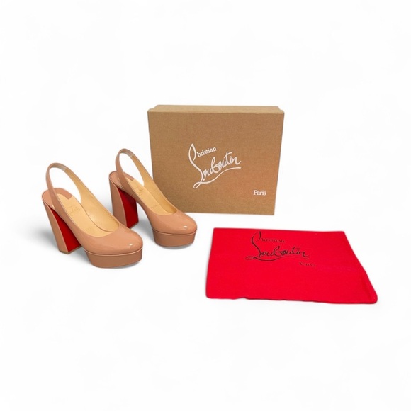 Christian Louboutin Movida 130 Nude Patent Leather Slingback Heel EU 38.5 US 8.5 - Picture 1 of 12